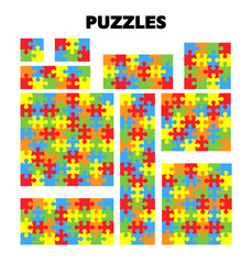 Puzzle set: 4, 6,12, 16, 18, 30, 32, 39, 42, 64 pieces. Colorful vector jigsaw