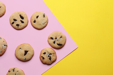 Tasty homemade cookies with chocolate chips on color background