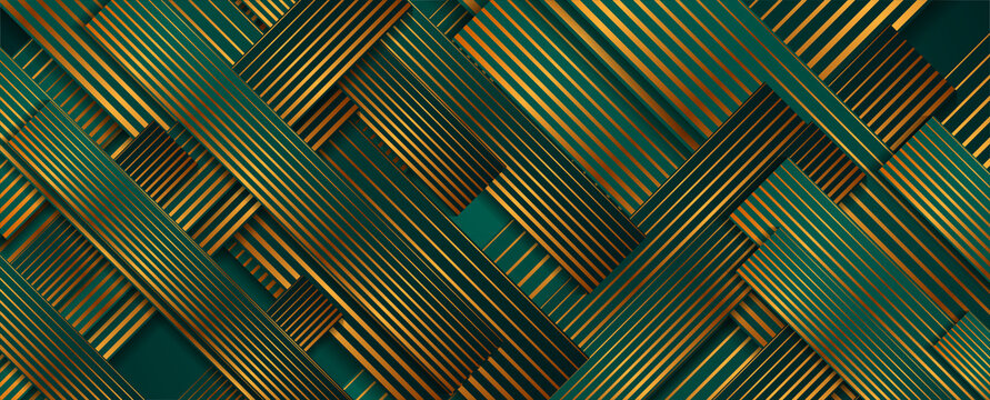 Turquoise abstract background with golden linear pattern. Art deco ornament vector geometry design