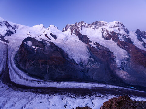 Castor, Pollux and Breithorn mountain peaks at dawn