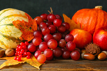 Different healthy food on wooden table. Harvest festival