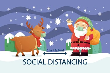 social distancing concept with reindeer santa claus vector design illustration