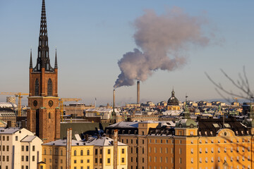 Panorama of Stockholm city on a sunny winter day photographed from the hill. Capital of Sweden