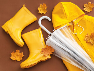 Umbrella, rubber boots, raincoat and autumn leaves on color background, closeup