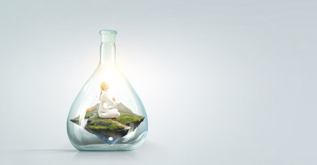 Business woman doing yoga in lotus pose inside glass bottle . Mixed media