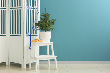 Donuts for Hanukkah celebration and Christmas tree in room