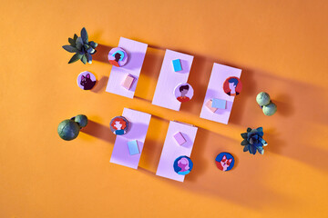 Comfortable room interior, laptops on desktop, chairs