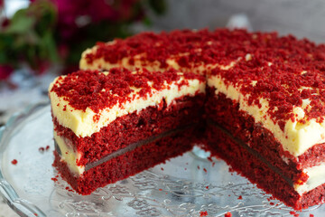 Red velvet cake, cake from red butter sponge cakes with cream cheese frosting,
