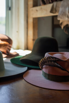 Hats in progress in the atelier