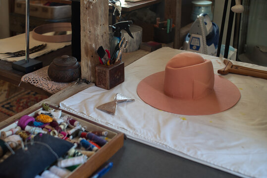 Hats in progress in the atelier
