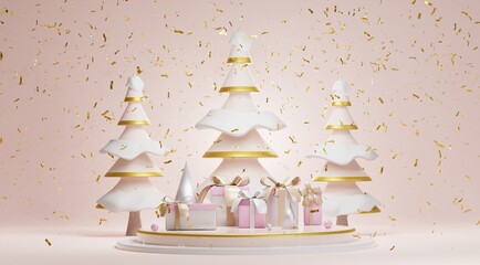 Gifts in front of the Christmas tree., 3d rendering 