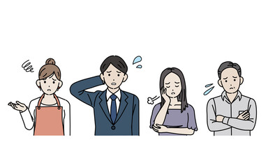 困る　悩み　悩む　ポーズ　仕草　表情　人々　男性　女性　男女