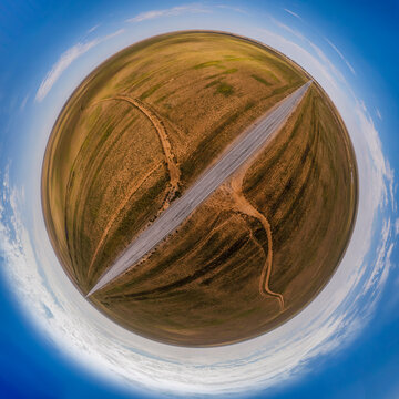 360 panorama of a lonely road in steppe of Kalmykia
