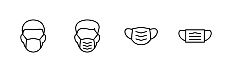 Mask icons set. Medical mask sign and symbol. Man face with mask icon. Safety breathing mask