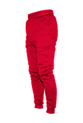 Blank training jogger pants color red on invisible mannequin template side view on white background
