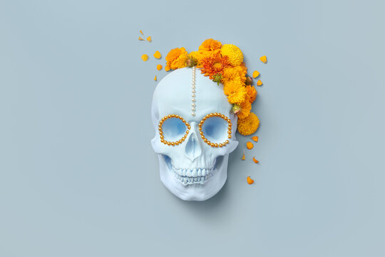 Skull with flowers and beads