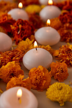 Closeup of candles in rows