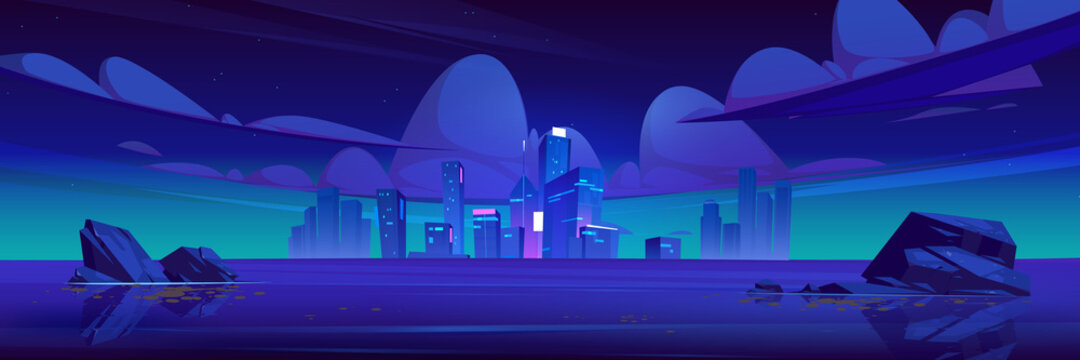 Night city skyline with glowing lights at ocean shore. Futuristic cityscape at sea waterfront, cartoon background with illuminated skyscrapers. Modern town buildings architecture Vector illustration