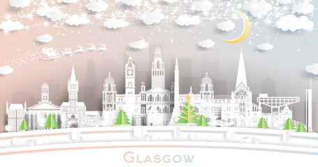 Glasgow Scotland City Skyline in Paper Cut Style with Snowflakes, Moon and Neon Garland.