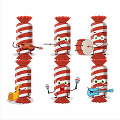 Cartoon character of red long candy package playing some musical instruments