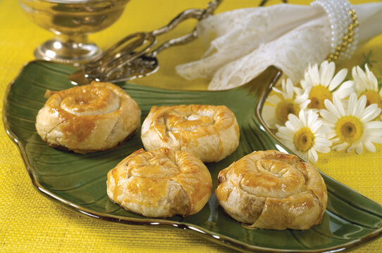 Traditional delicious Turkish phyllo stuffed with spinach, cheese (Turkish name; Gul borek or gul boregi) Rose shaped pastry.