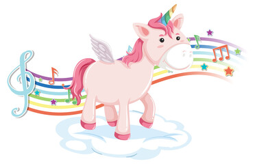 Obraz na płótnie Canvas Cute unicorn standing on the cloud with melody symbols on rainbow