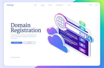 Domain registration banner. Concept of website name, url address. Vector landing page of hosting service for web sites with isometric illustration of digital tablet with register form - obrazy, fototapety, plakaty
