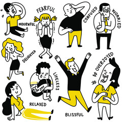 Doodle illustration set of various people expressing emotion in many ways, crying, fearful, confused, worried, relaxed, happy or laughing. Outline, linear, thin line art, hand drawn sketch.