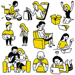 Vector illustration doodle set of people shopping online with delivery concept. Various character, multi-ethnic, diversity, people using mobile phone, laptop, tablet pc to shopping online. 