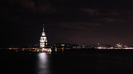 Fototapeta na wymiar Night view of Maiden Tower in Istanbul, Turkey