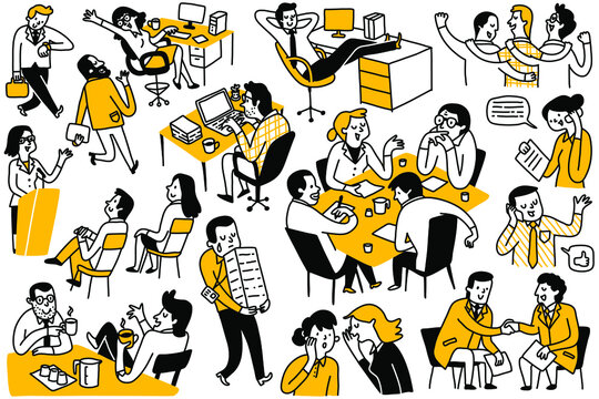 Doodles set of various business people, multi-ethnic, diverse, businessman and woman, office worker, in daily routine activities. Outline, linear, thin line art, hand drawn sketch, simple style.