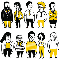 Doodle illustration collection of business people, diversity, full length , full body, multi-ethnic, happy expression. Outline, linear, thin line art, hand drawn sketch design, cute character. 
