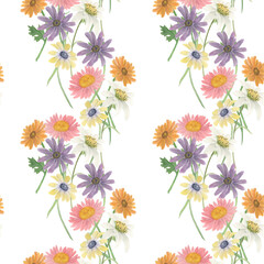 Watercolor painting seamless pattern with pretty flowers on white background