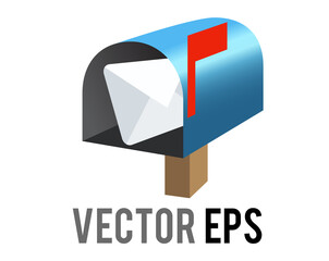 Vector blue open mailbox, letterbox, postbox icon with red raised flag