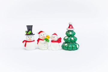 Cute little snowman doll set and Christmas tree isolate on white background, Christmas decoration item, festive season concept