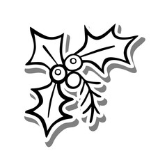 Black line berry, holly and leaves. Doodle on white silhouette and gray shadow. Hand drawn cartoon style. Vector illustration for decorate, coloring and any design.