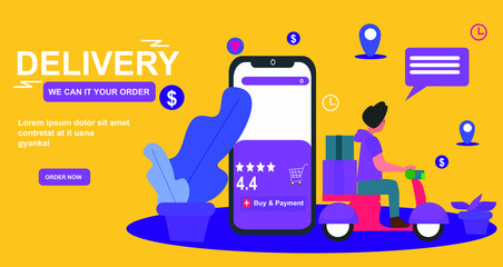 Online shopping on the Vector Concept Mobile Application. with shop bag and gift box. blue sky background and white smartphone displays displaying icons on shelves. Digital marketing illustration