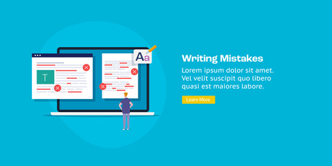 Content expert detects writing mistake on paper document, web page, fixing wrong content spelling and grammar error. Cartoon style web banner template.