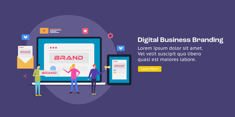 Digital Branding marketing for online business. Team of marketing people promoting brand campaign to internet audience via digital devices and network. Web banner template.