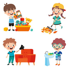 Fototapeta na wymiar Set Of Children Doing Various Houseworks