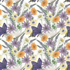 Watercolor painting seamless pattern with meadow flowers, butterfly, dragonfly