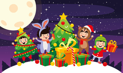 Christmas Scene With Cartoon Characters