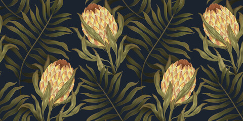 Tropical exotic seamless pattern with gold protea flowers in tropical leaves. Hand-drawn 3D illustration. Good for design wallpapers, fabric printing, wrapping paper, cloth, notebook covers.