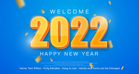 Editable 2022 happy new year design in number yellow glossy style