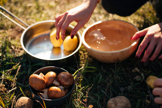 cooking outdoors - mushrooms and potatoes in the dish
