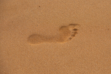 Fototapeta na wymiar Foot print in the sandy beach, closeup. Footprints barefoot in the desert sand.