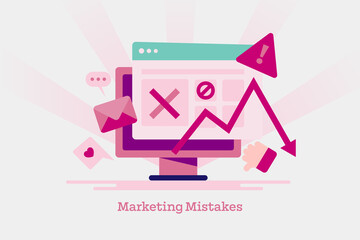 Digital marketing mistakes, decreasing arrow, business strategy error, social media mistakes, advertising campaign fails, conceptual web banner template.