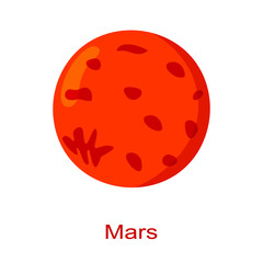 Mars planet icon with name isolated on white background. Fourth planet from the Sun in Solar system. Universe element. Kids planetary. Vector cartoon illustration.