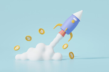 Bitcoin spaceship to the moon cryptocurrency trading flying crypto growth target Stock exchange business finance investment. trader concept on sky blue background. 3d render illustration