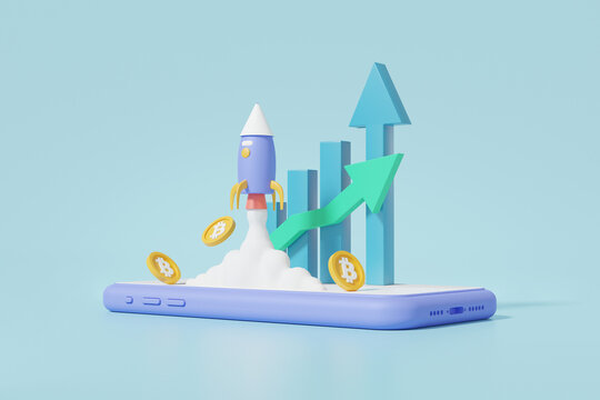 Bitcoin to the moon concept or buy, sell, cryptocurrency with mobile finance business investment. growth statistics trading, banner, exchange, cartoon minimal. 3d render illustration